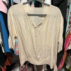 Bcbg silk sequin tunic drawstring collar blouse in cream. Size Medium